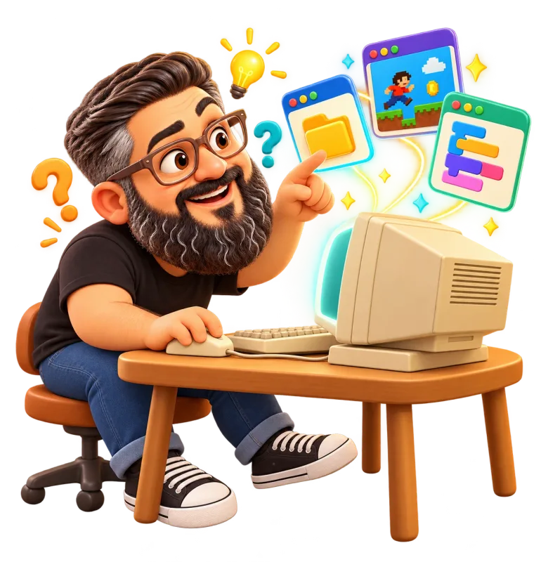 Thizzy, em 3D, num computador antigo apontando para janelas com uma pasta, um jogo e código