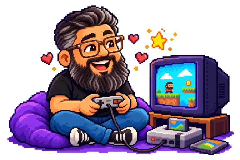 Thizzy, em pixel art, jogando videogame