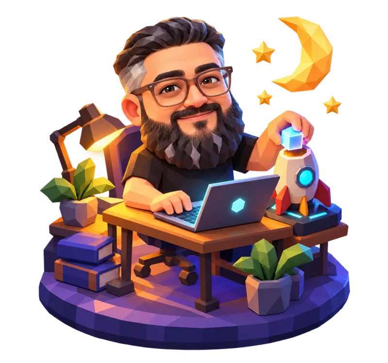 Thizzy, em low-poly, programando de noite numa mesa com luminária
